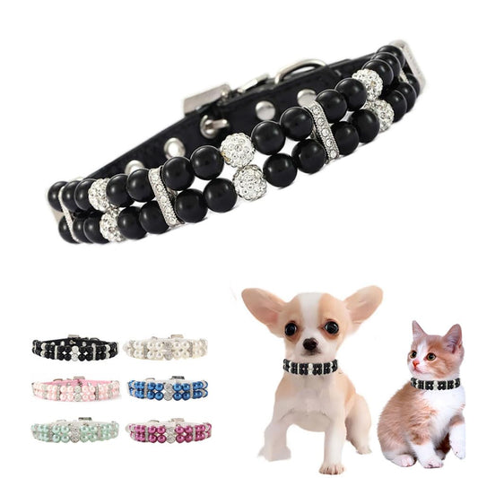 Black Beaded Dog Collar Crystal Pearl Dog Collars Fancy Bling Girl Puppy Collar Rhinestone Luxury Beaded Necklace Diamond Pet Jewelry for XXS Xs Small Medium Female Dogs Cats L