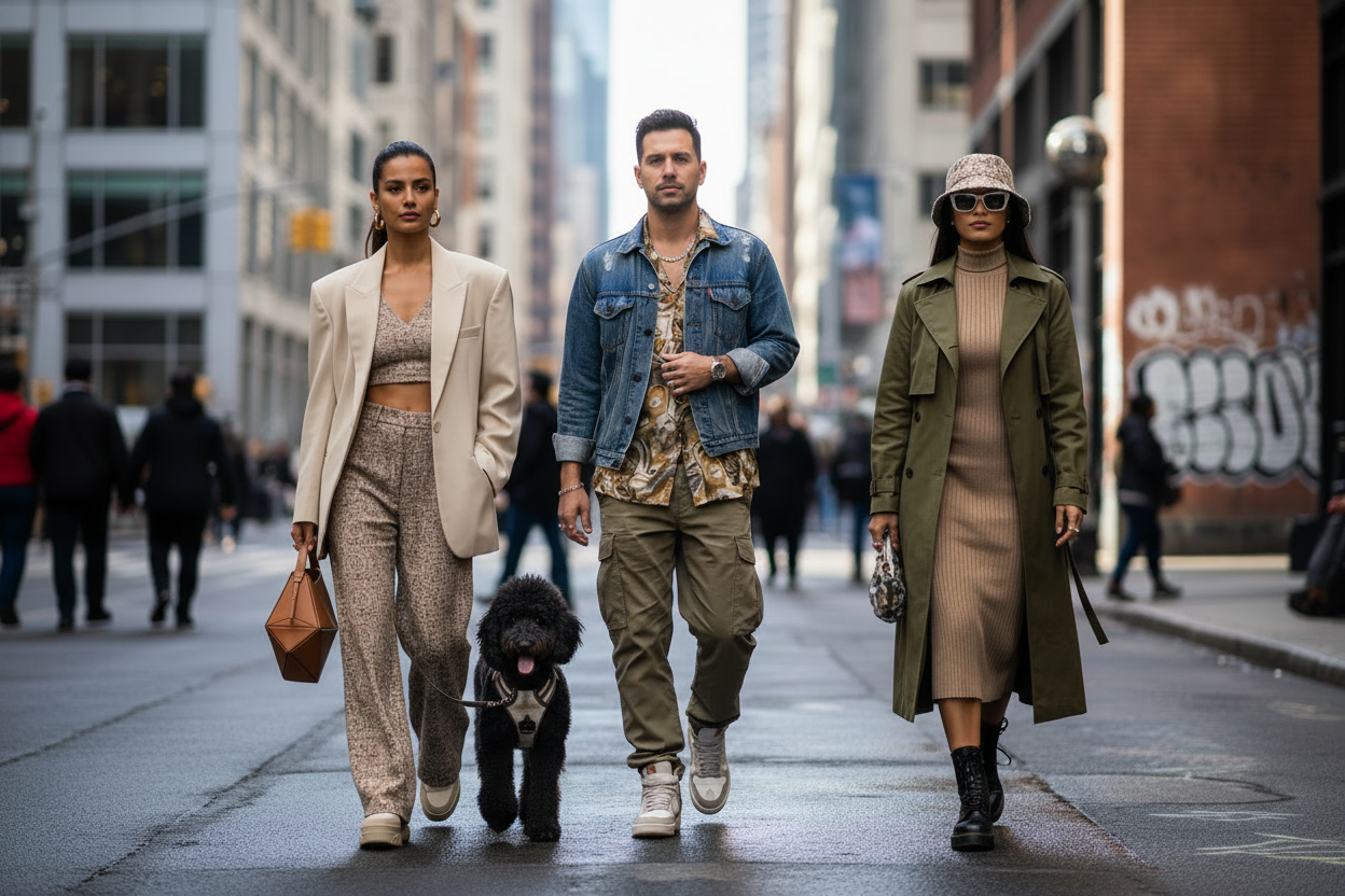 Stylish people with dog on city street